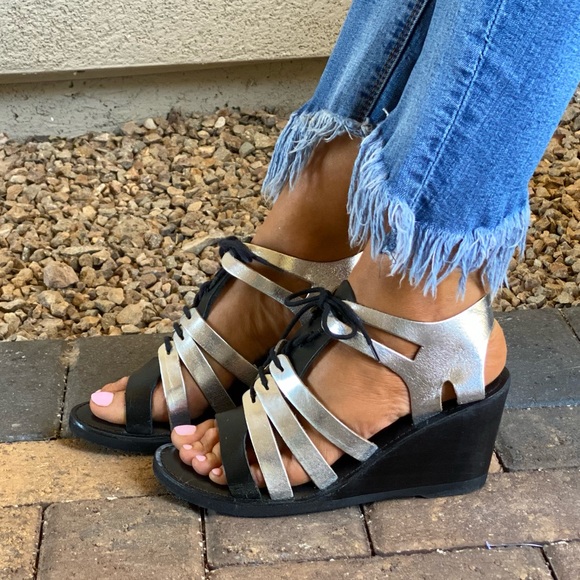 Distressed Leather Lace Up Kitten Wedge Sandal - Picture 12 of 12